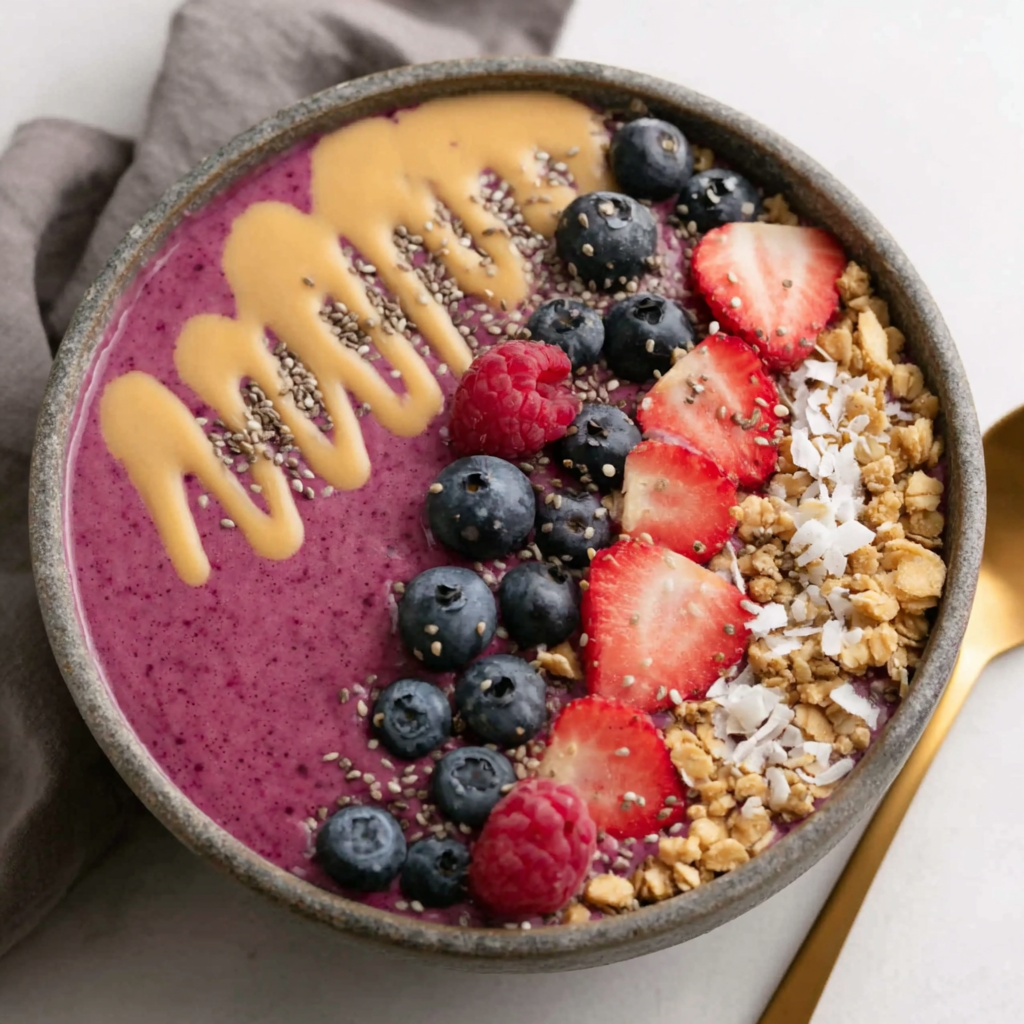 Delicious Smoothie Bowl with Berries and Granola
