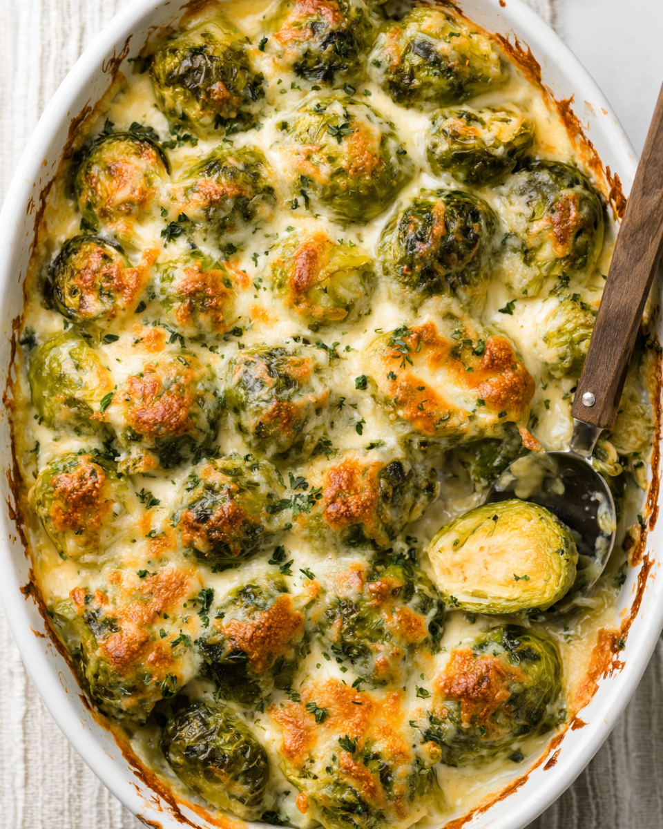 Delightful Garlicky Creamy Brussels Sprouts Au Gratin