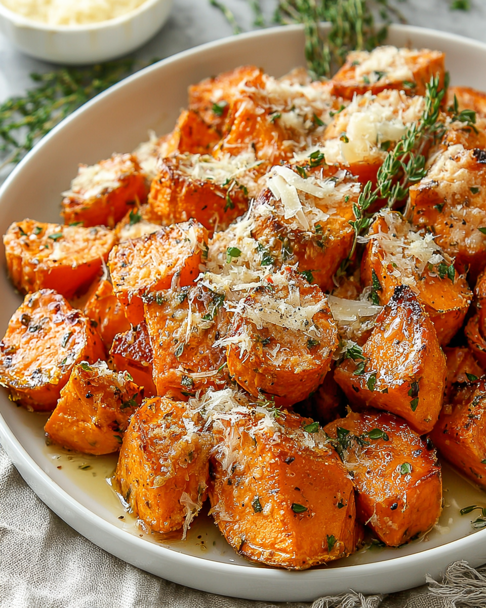 Irresistible Roasted Sweet Potatoes with Garlic Parmesan