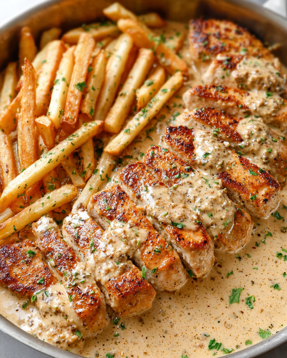 Chicken Fillet in Spicy, Creamy Garlic-Parmesan Sauce with Fries