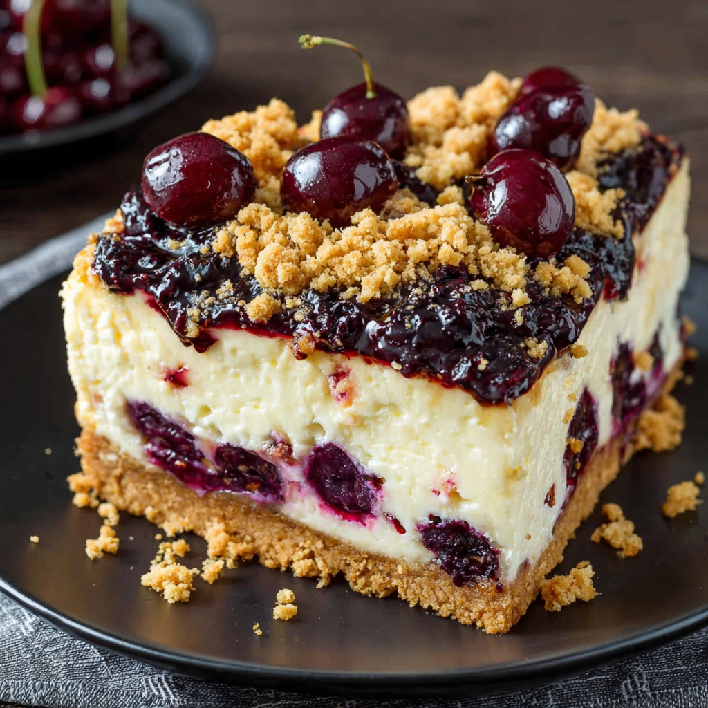 A Delightful Juicy Cheesecake with Cherries and Crumbles