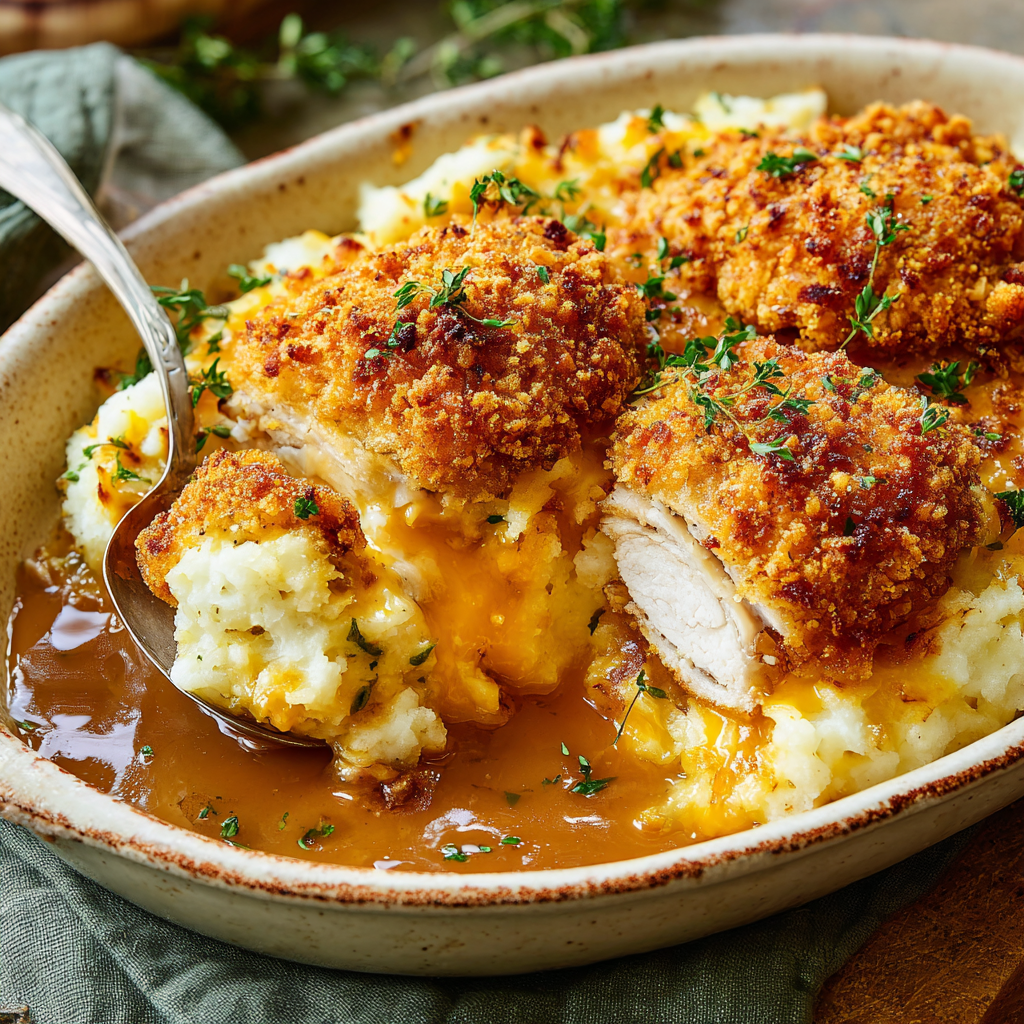 Creamy Mashed Potato Casserole with Crispy Chicken
